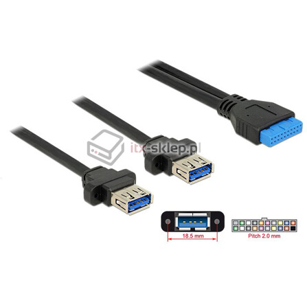Kabel USB 3.0 wewnętrzny 19pin F - 2xUSB 3.0-A żeński Delock 85244
